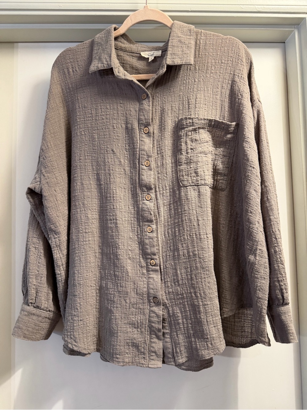 Easel Relaxed Button-Front Long-Sleeve Linen Shirt in Taupe (Warm Gray) L